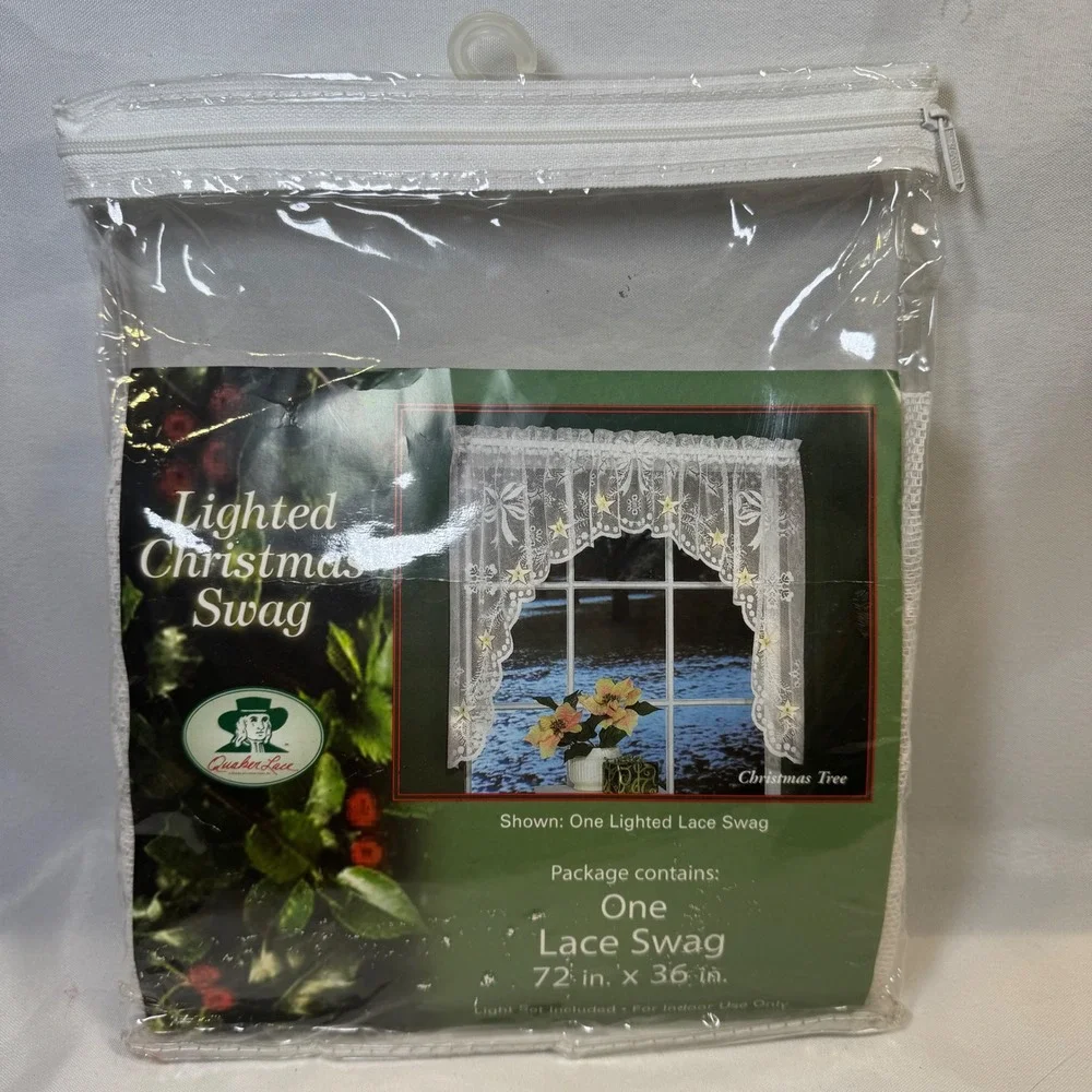 Quaker Lace Lighted Christmas Swag White 72x36 Lace Valance with 10 Lights